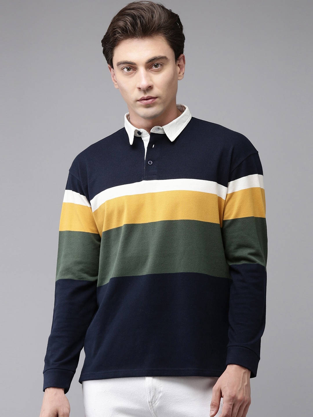 

Maniac Colourblocked Polo Collar Cotton T-shirt, Blue