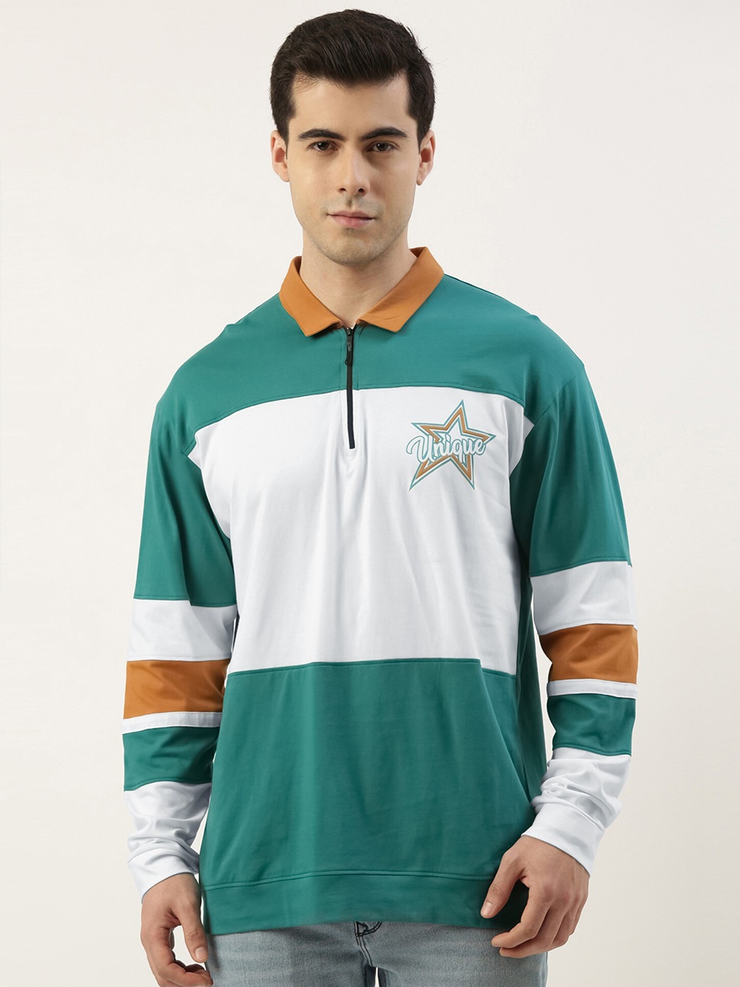 

Maniac Colourblocked Polo Collar Cotton Oversized T-shirt, Green