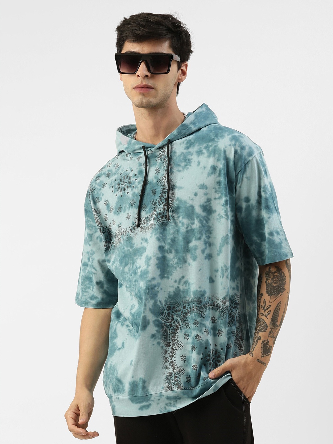 

Maniac Tie & Dye Printed Hooded Cotton Slim Fit T-Shirt, Blue