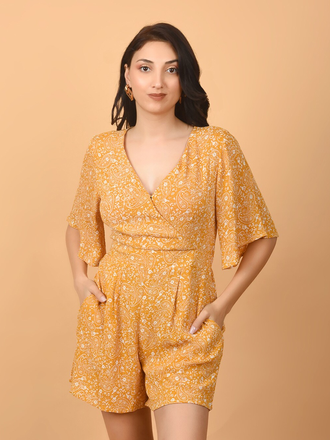 

FLAWLESS Floral Printed V-Neck Playsuit, Mustard
