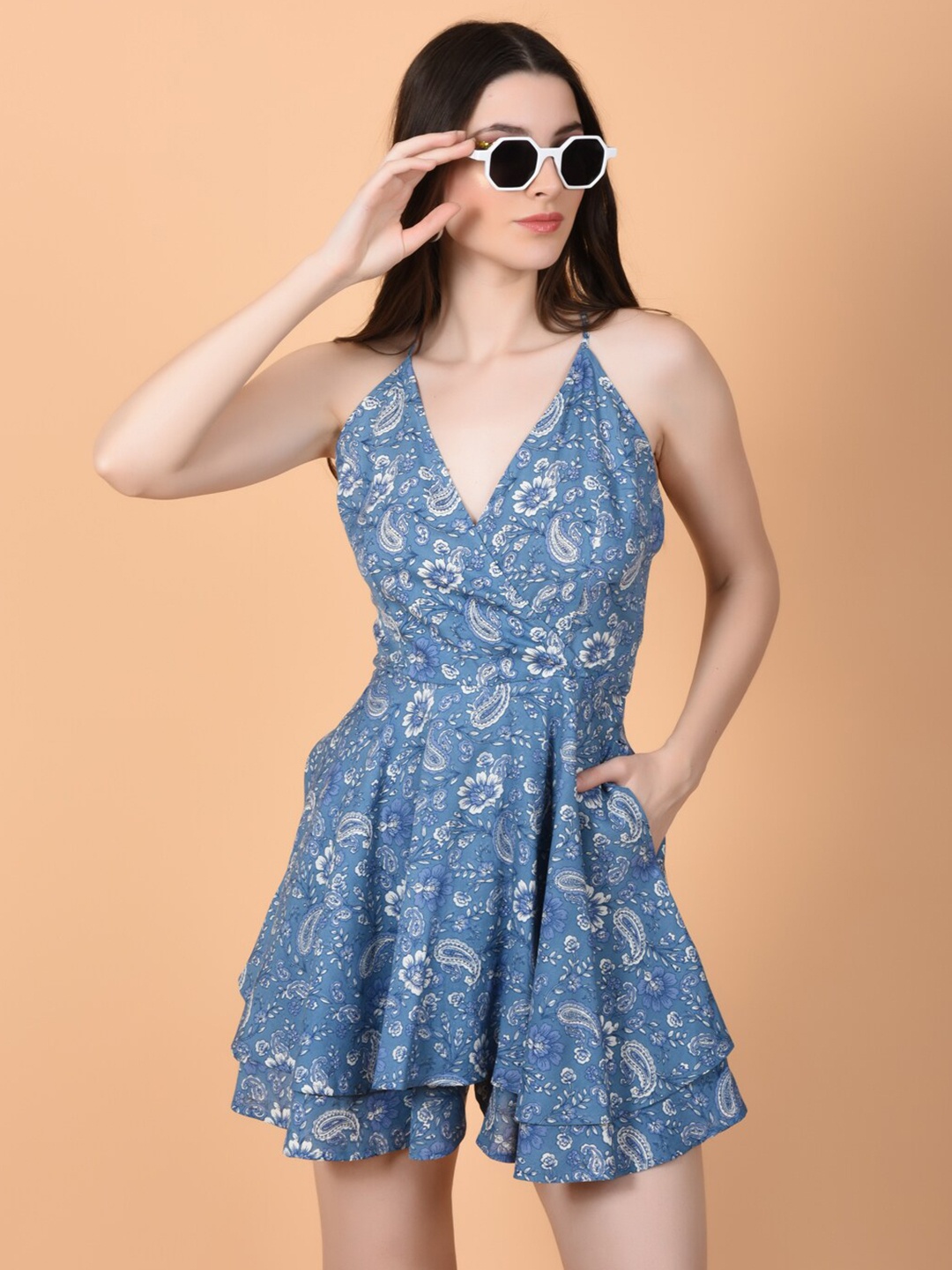 

FLAWLESS Floral Printed Shoulder Straps Playsuit, Blue