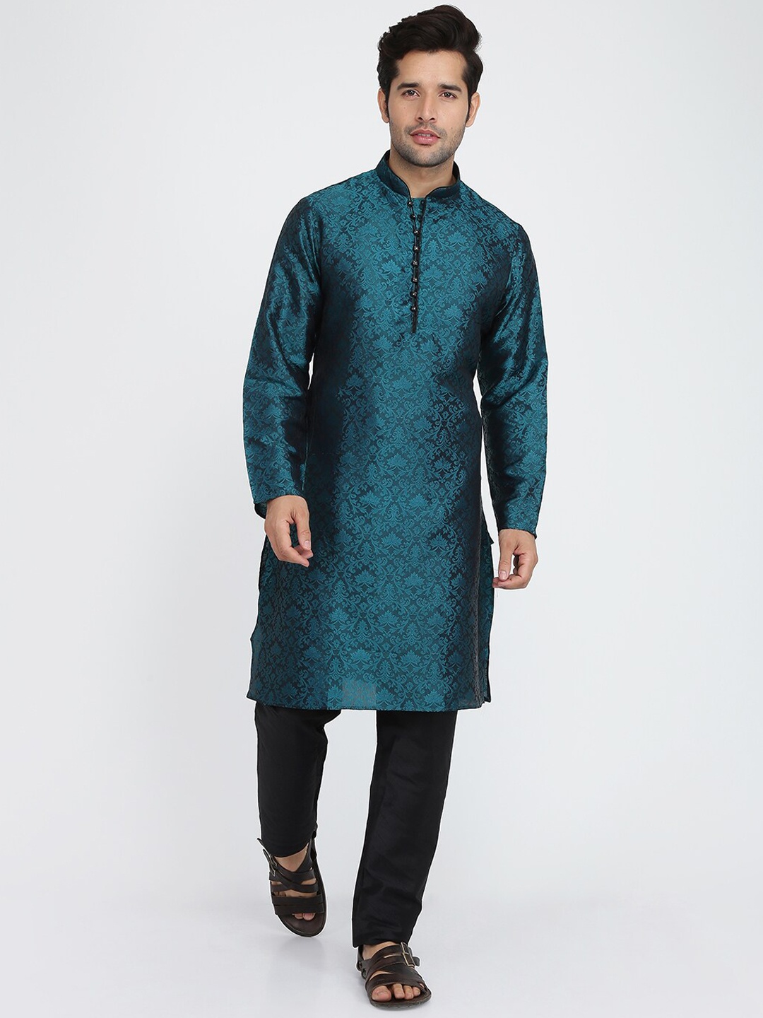 

ROYAL KURTA Woven Design Mandarin Collar Kurta With Pyjamas, Green