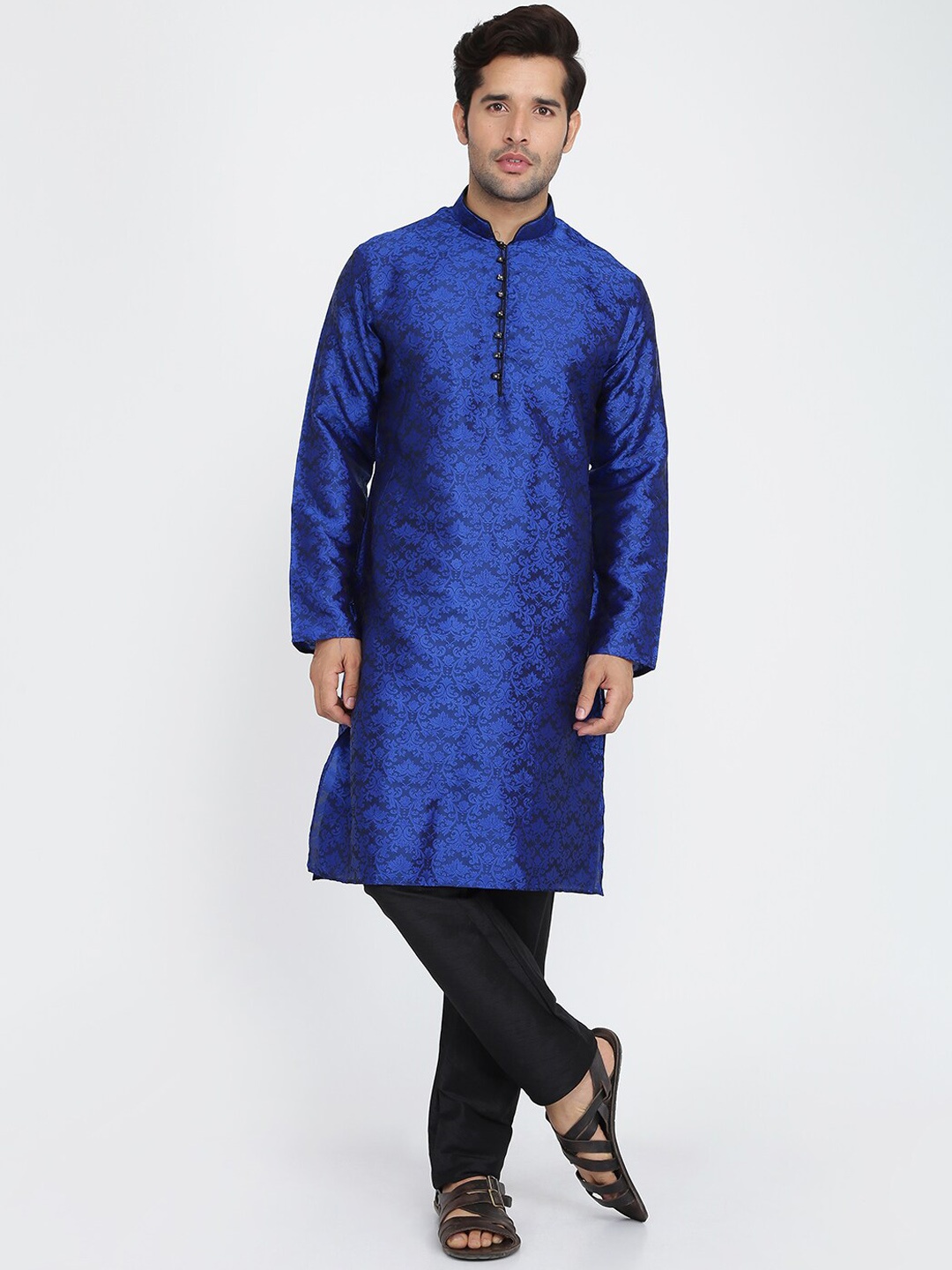 

ROYAL KURTA Woven Design Mandarin Collar Kurta, Blue