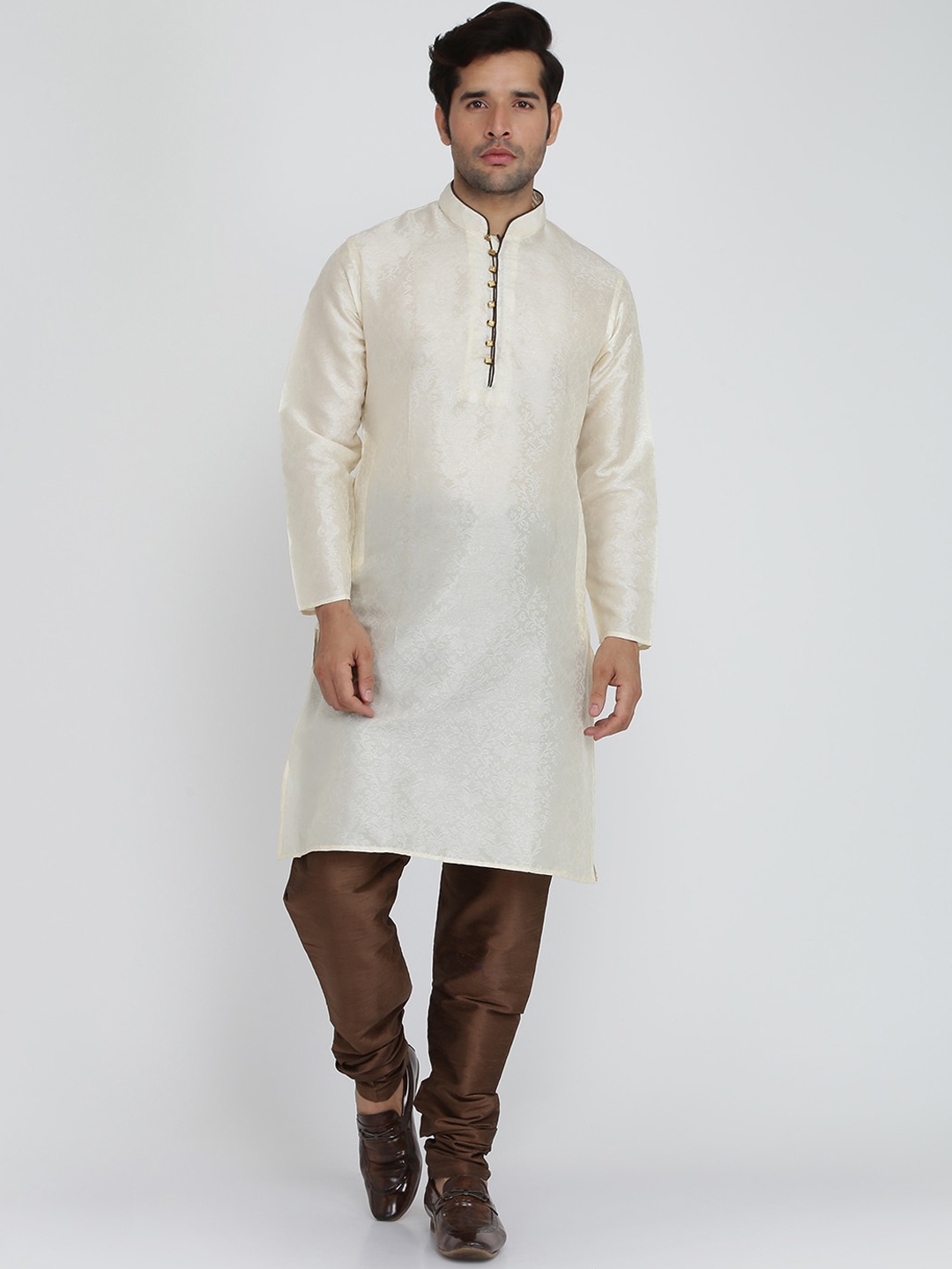 

ROYAL KURTA Floral Woven Design Mandarin Collar Kurta with Churidar, Beige