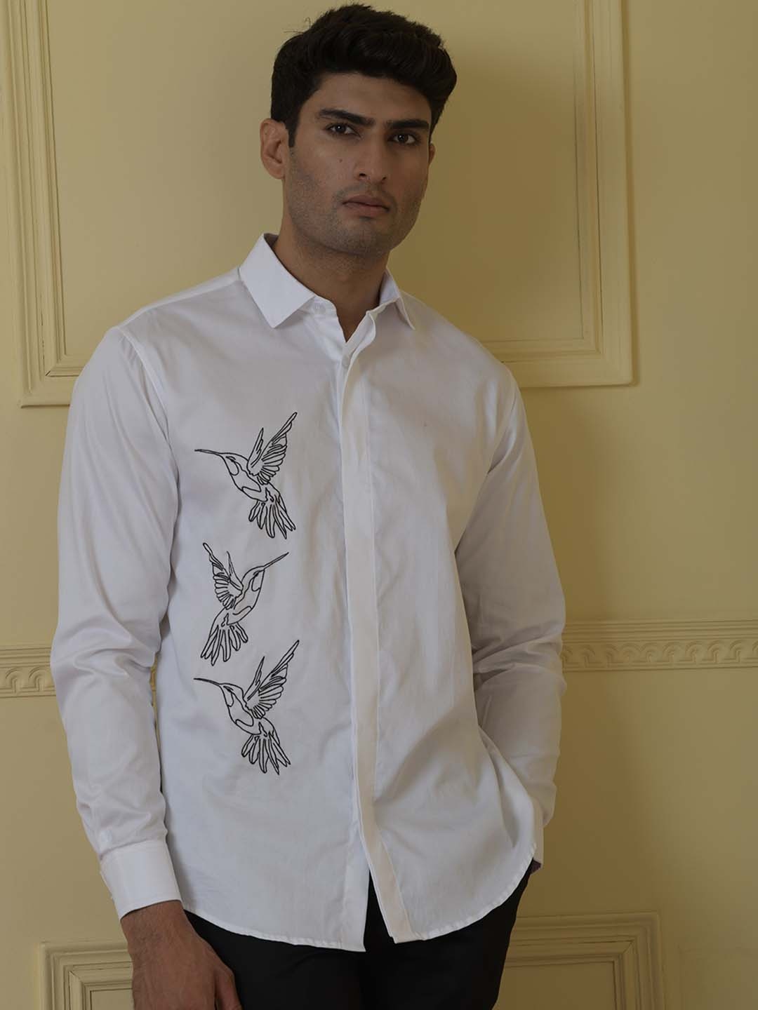 

HILO DESIGN Comfort Embellished Detail Cotton Casual Shirt, White
