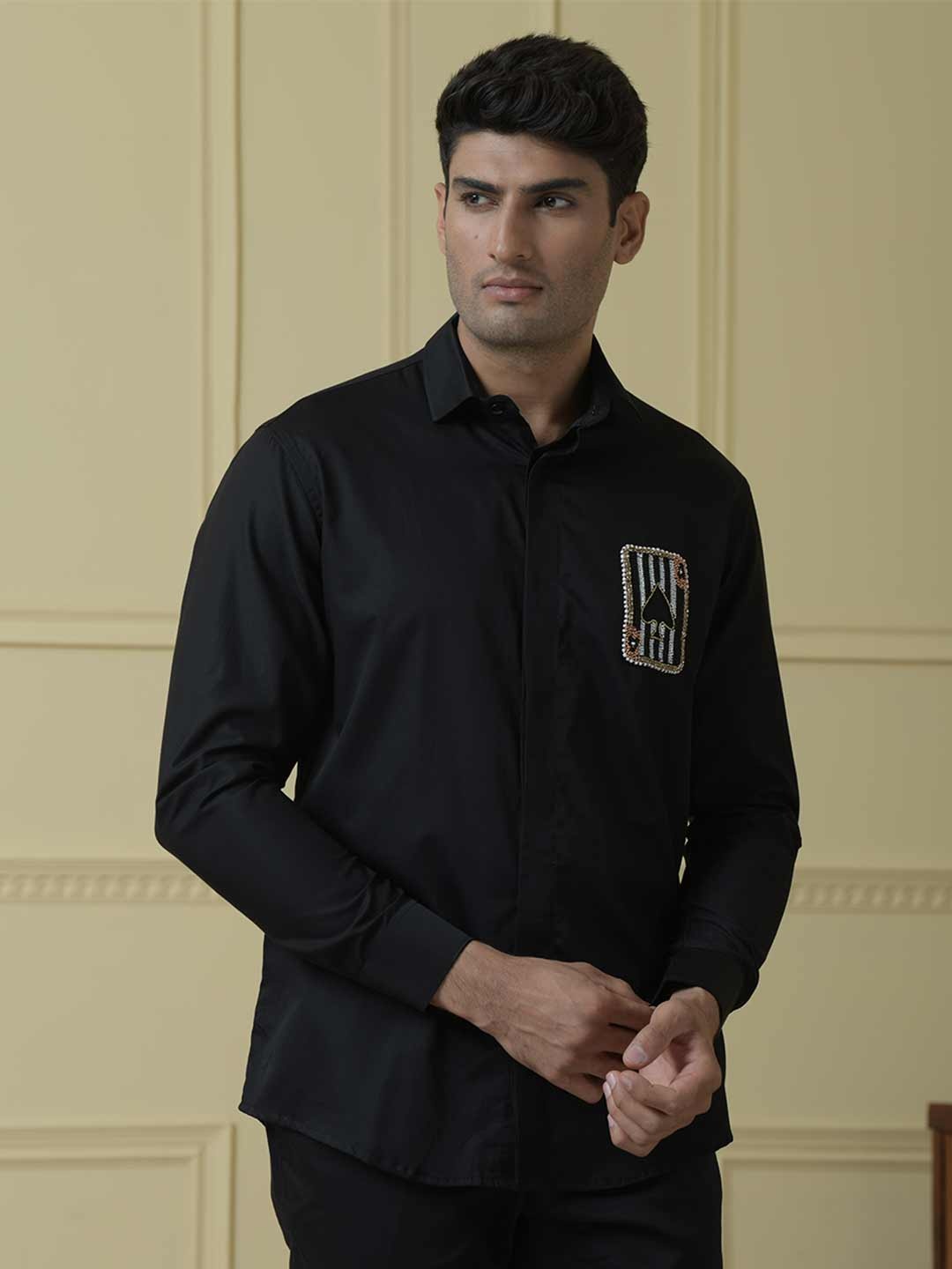 

HILO DESIGN Comfort Embellished Detail Cotton Casual Shirt, Black
