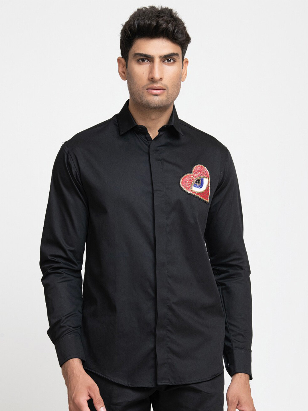 

HILO DESIGN Comfort Opaque Embellished Cotton Casual Shirt, Black