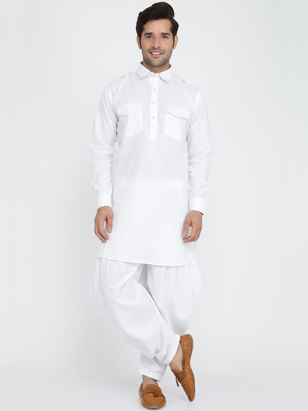 

ROYAL KURTA Shirt Collar Pure Cotton Kurta with Patiala, White