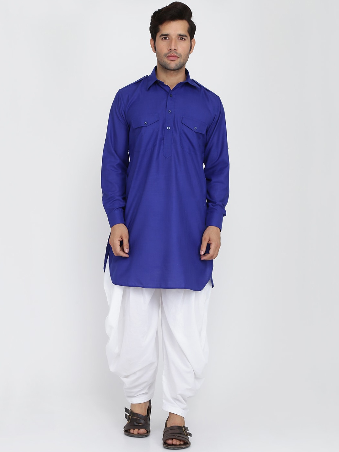 

ROYAL KURTA Shirt Collar Pure Cotton Kurta with Patiala, Blue