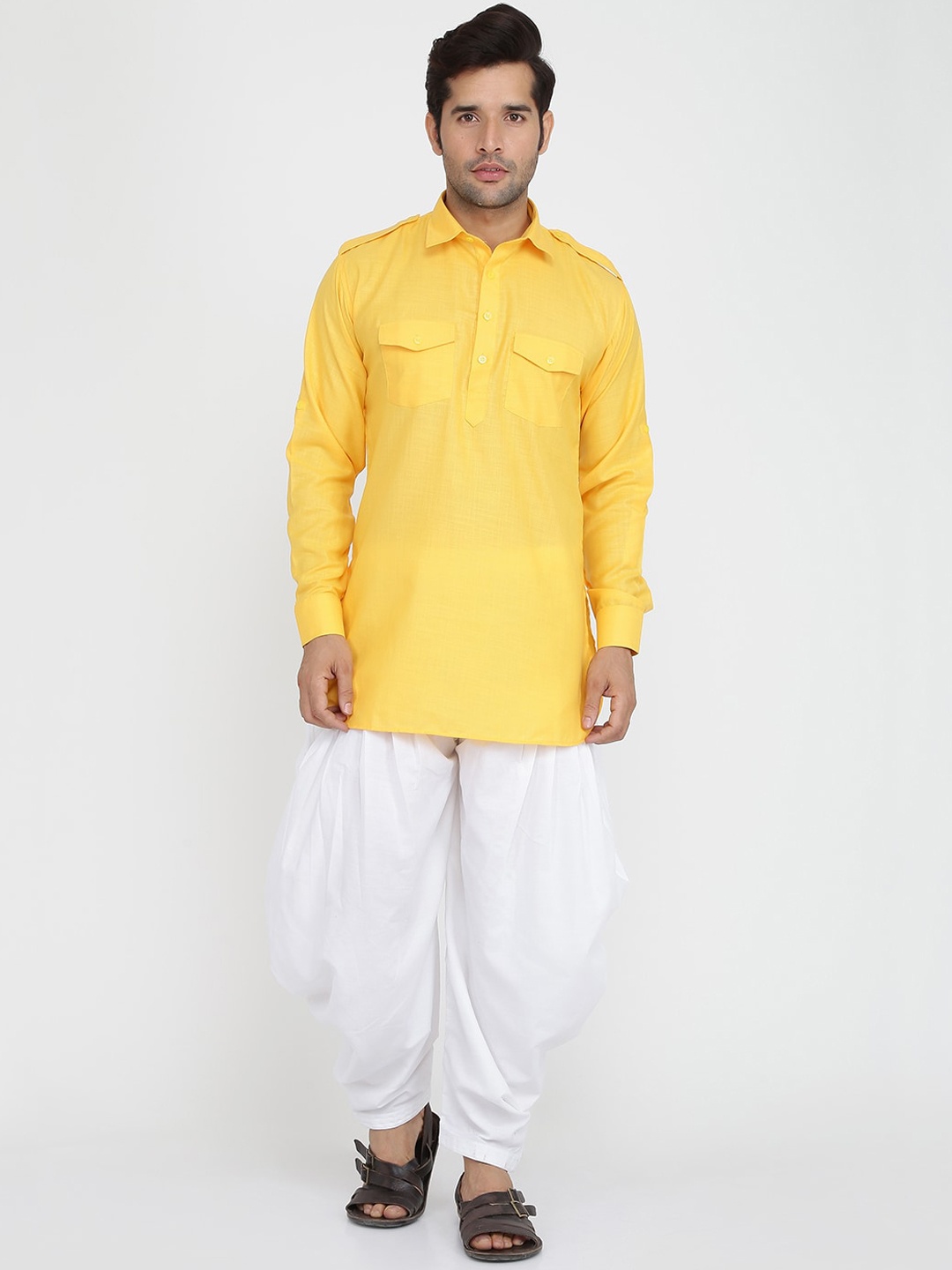 

ROYAL KURTA Shirt Collar Pure Cotton Kurta with Patiala, Yellow