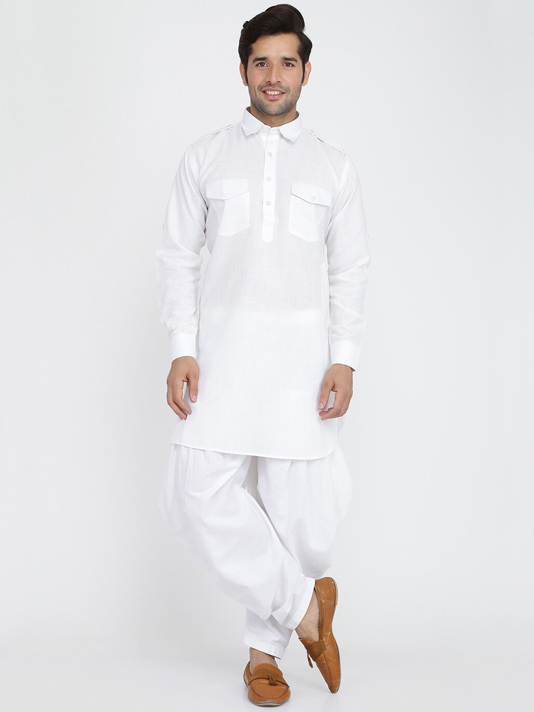 

ROYAL KURTA Shirt Collar Pathani Kurta, White