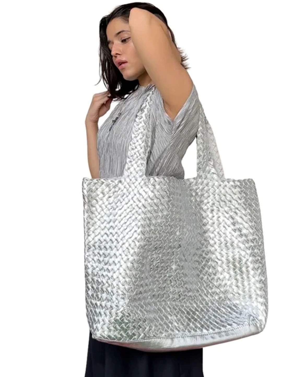 

Mistry Textured Oversized Structured Leather Shoulder Bag, Silver