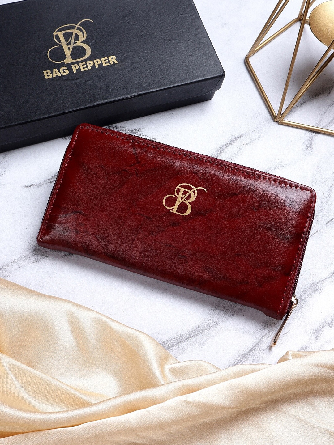 

Bag Pepper Abstract Printed Brand Logo Leather Zip Around Wallet, Maroon
