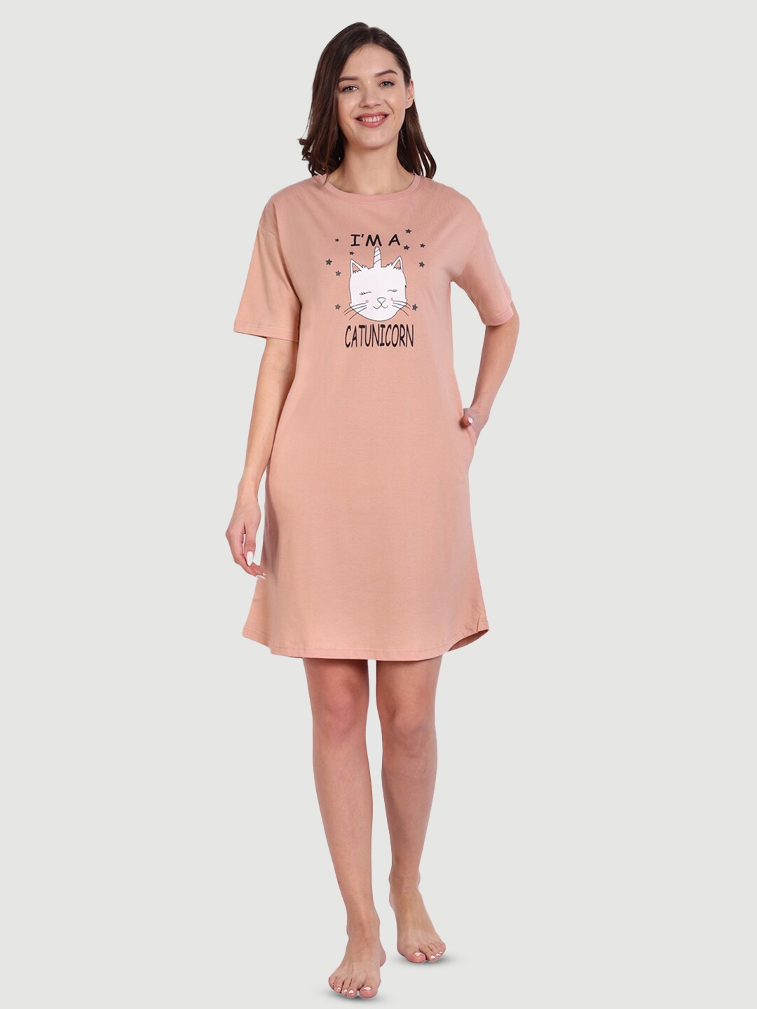 

Bedtime story Graphic Printed Pure Cotton T-shirt Nightdress, Peach