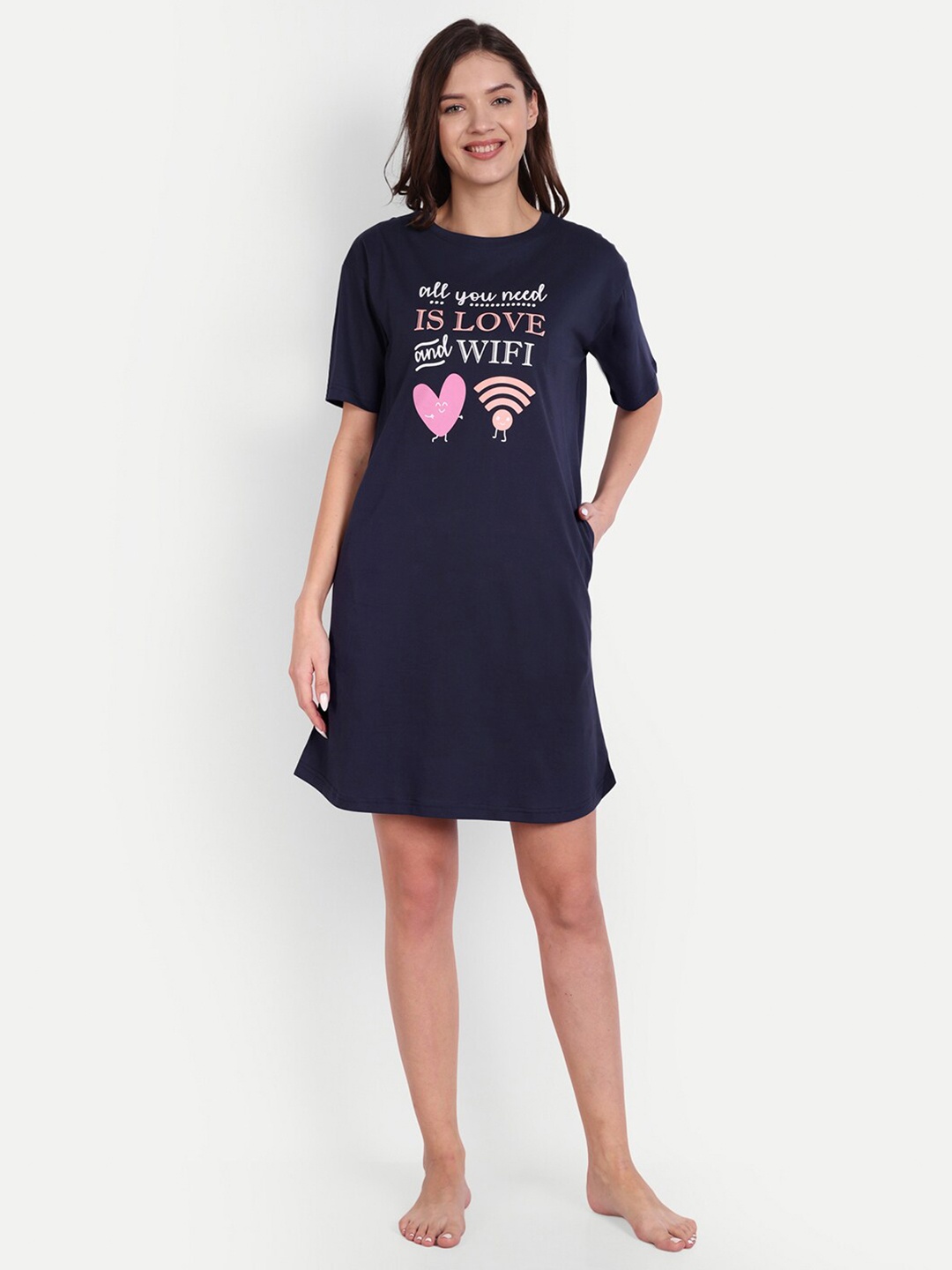 

Bedtime story Graphic Printed Pure Cotton T-shirt Nightdress, Navy blue