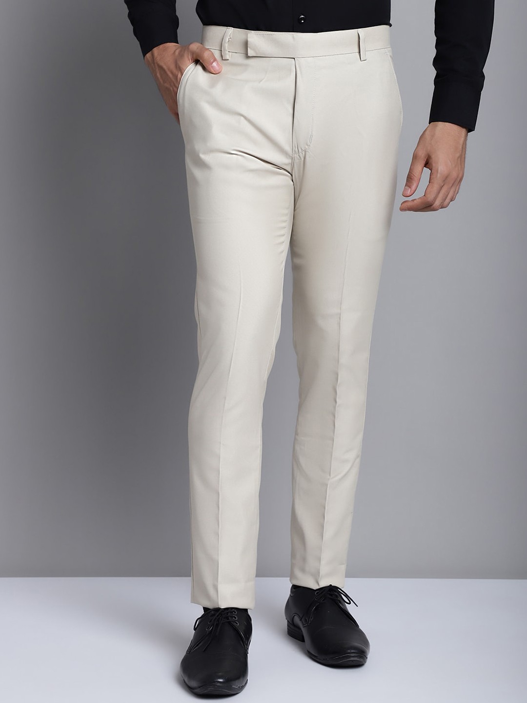 

JAINISH Men Smart Tapered Fit Easy Wash Formal Trousers, Cream