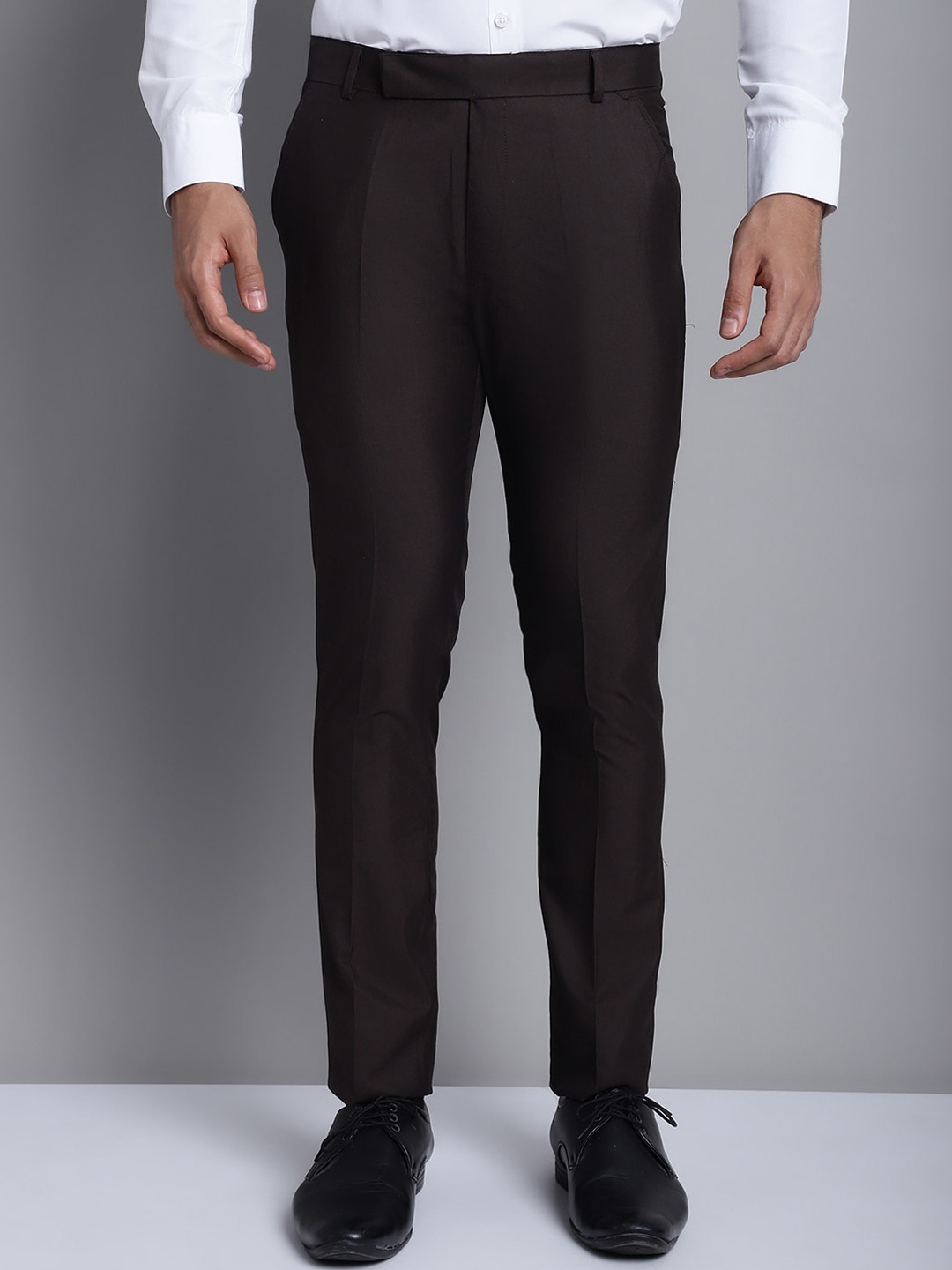 

JAINISH Men Mid-Rise Smart Tapered Fit Easy Wash Formal Trousers, Coffee brown
