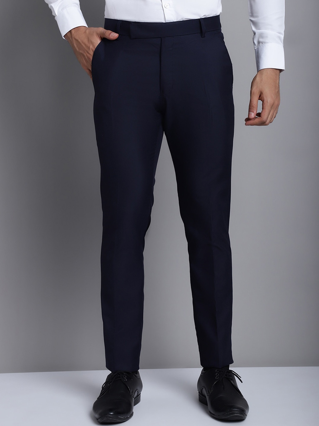 

JAINISH Men Smart Tapered Fit Easy Wash Formal Trousers, Navy blue