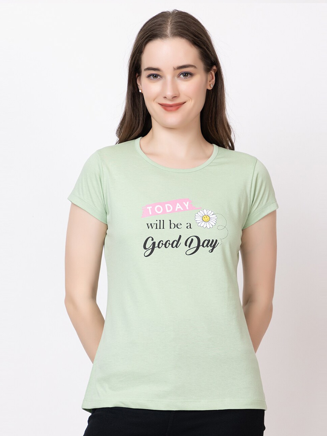 

UNEMODE Typography Printed Cotton Slim Fit T-shirt, Sea green