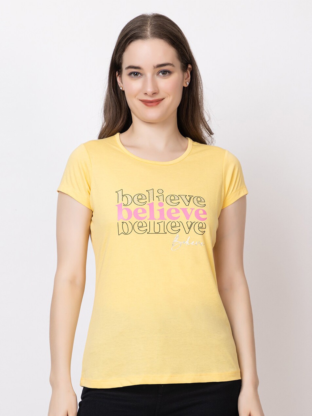 

UNEMODE Typography Printed Slim Fit Cotton T-shirt, Yellow