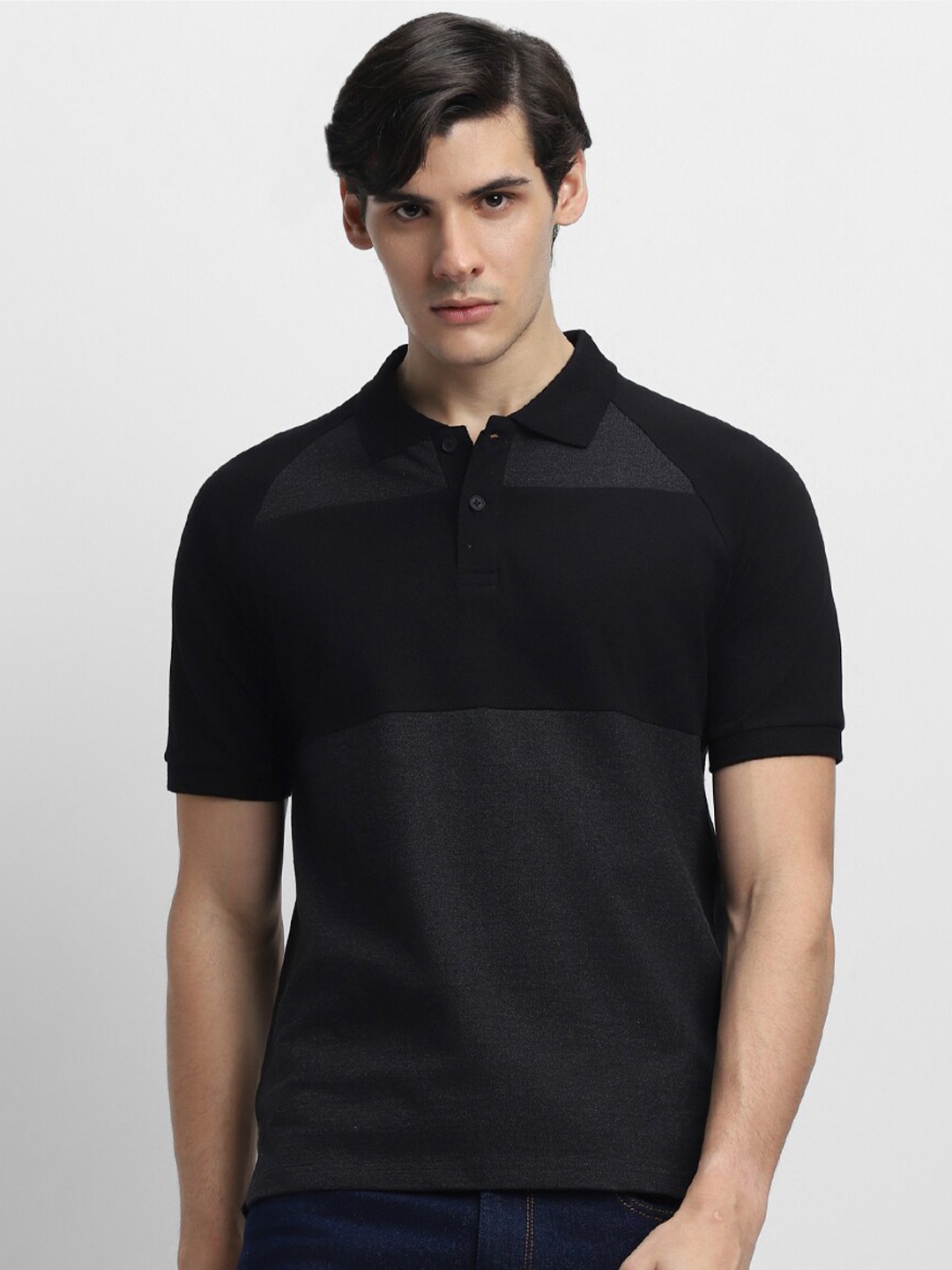 

Dennis Lingo Colourblocked Polo Collar Pure Cotton T-shirt, Black