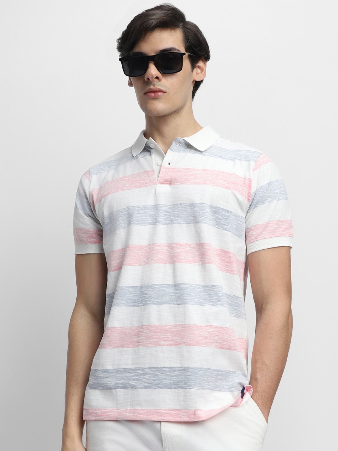

Dennis Lingo Striped Polo Collar Pure Cotton T-shirt, Blue