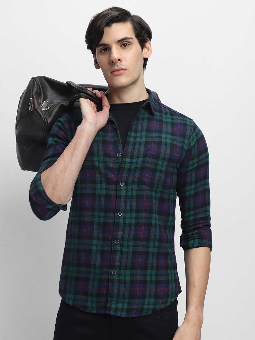 

Dennis Lingo Slim Fit Tartan Checked Pure Cotton Casual Shirt, Green