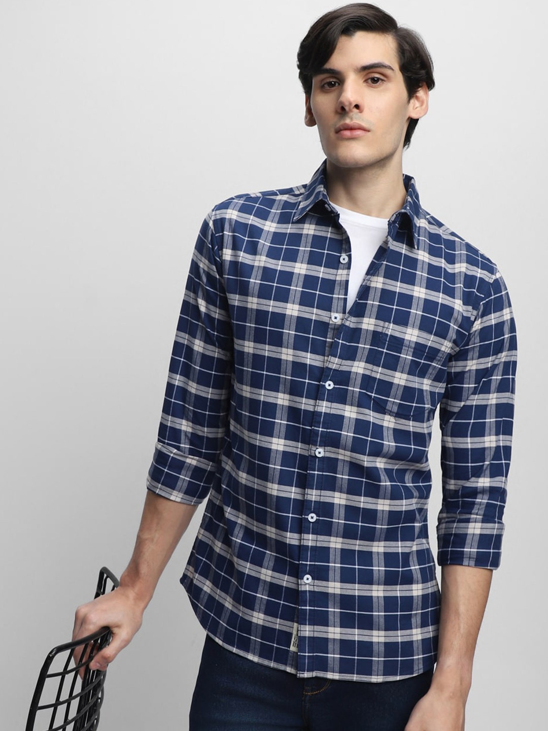 

Dennis Lingo Slim Fit Tartan Checked Pure Cotton Casual Shirt, Navy blue
