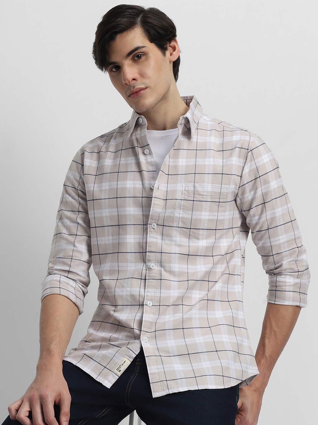 

Dennis Lingo Spread Collar Slim Fit Tartan Checks Opaque Cotton Casual Shirt, Khaki