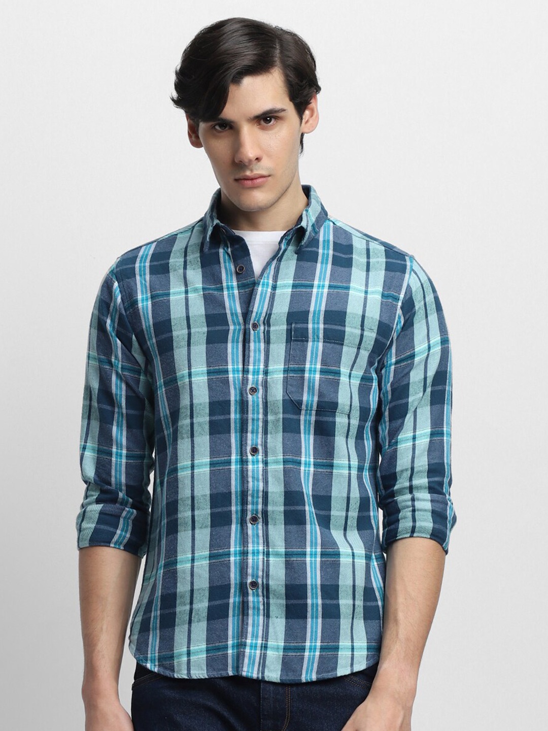 

Dennis Lingo Spread Collar Slim Fit Flannel Opaque Casual Shirt, Navy blue
