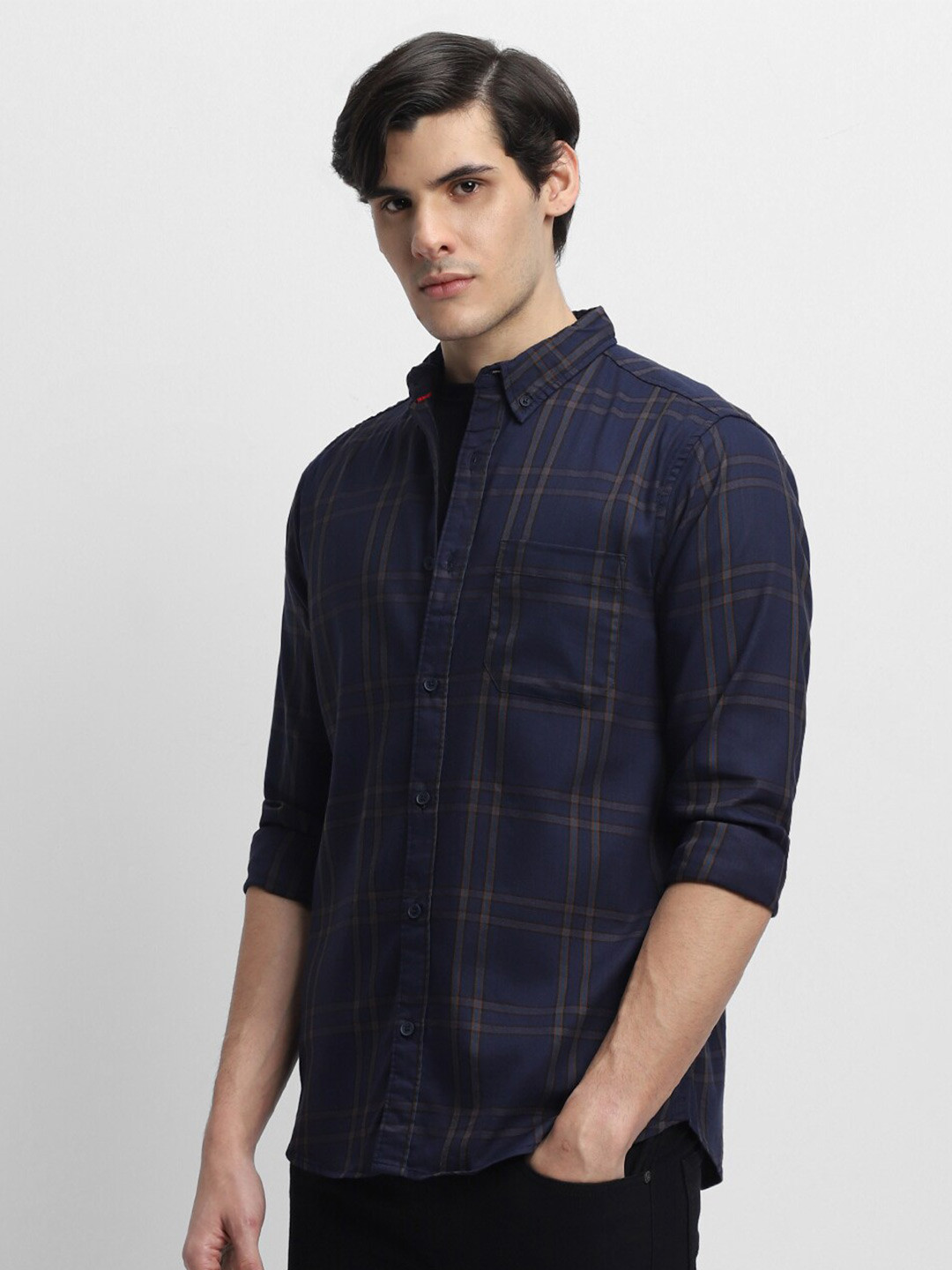 

Dennis Lingo Spread Collar Slim Fit Tartan Checks Opaque Cotton Casual Shirt, Navy blue