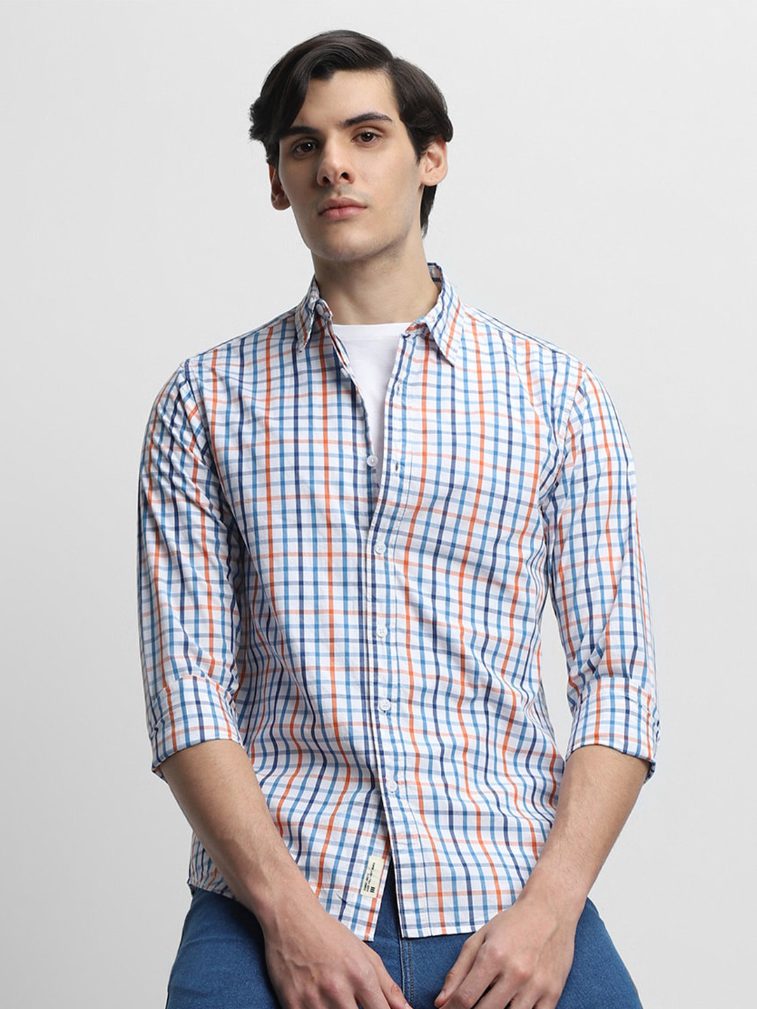 

Dennis Lingo Slim Fit Checked Spread Collar Pure Cotton Casual Shirt, Red