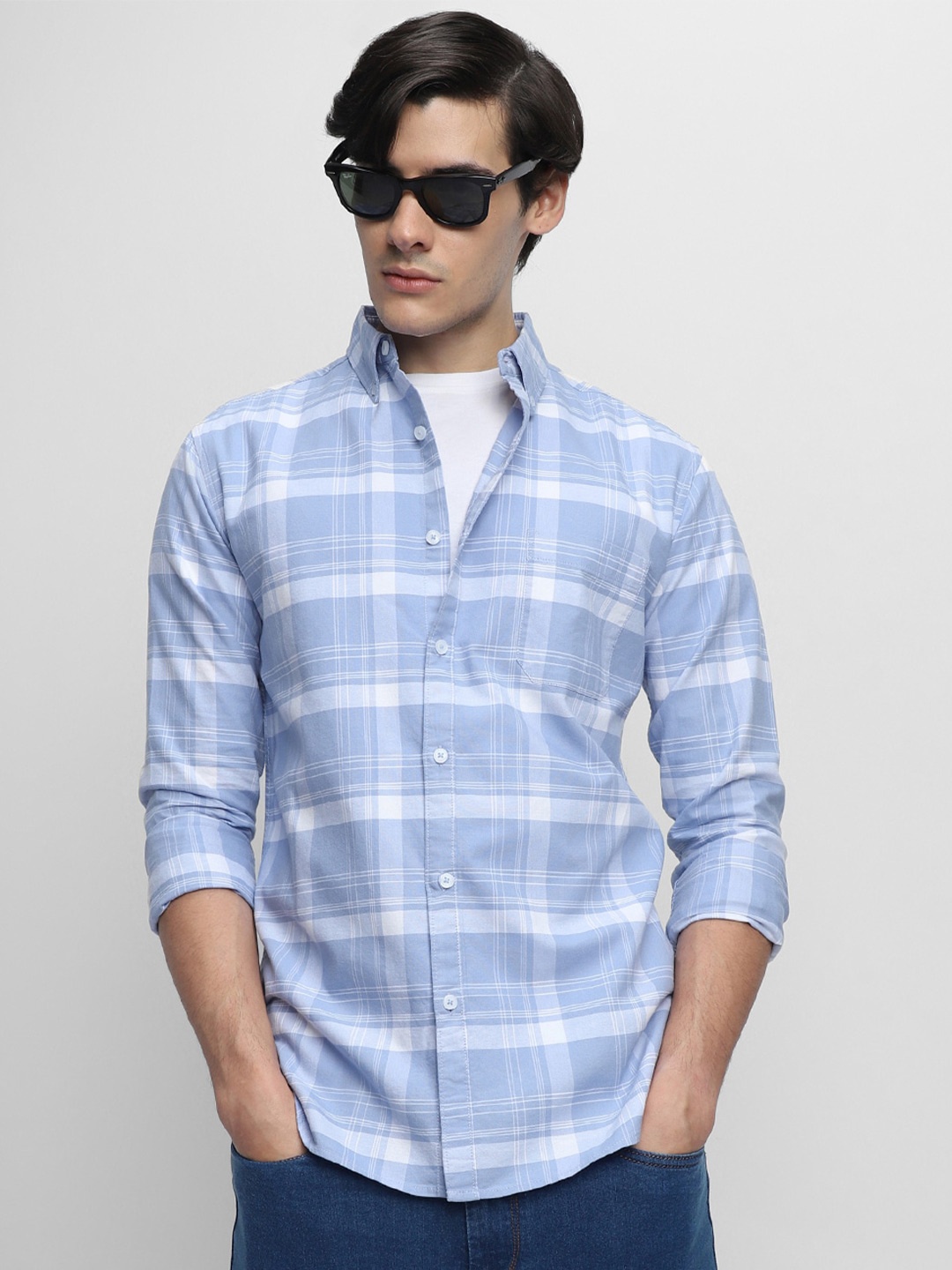 

Dennis Lingo Slim Fit Tartan Checked Pure Cotton Casual Shirt, Blue