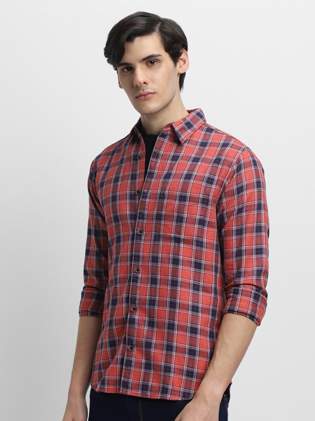 

Dennis Lingo Spread Collar Slim Fit Tartan Checks Opaque Cotton Casual Shirt, Red