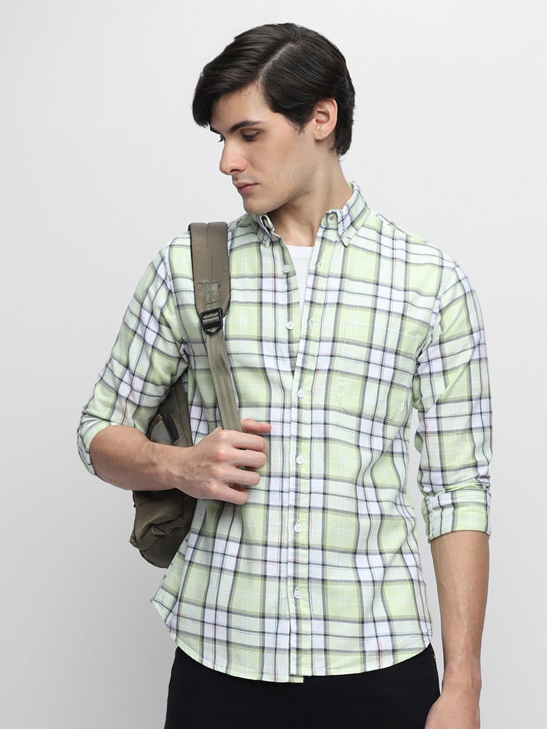 

Dennis Lingo Spread Collar Tartan Checks Opaque Cotton Casual Shirt, Green