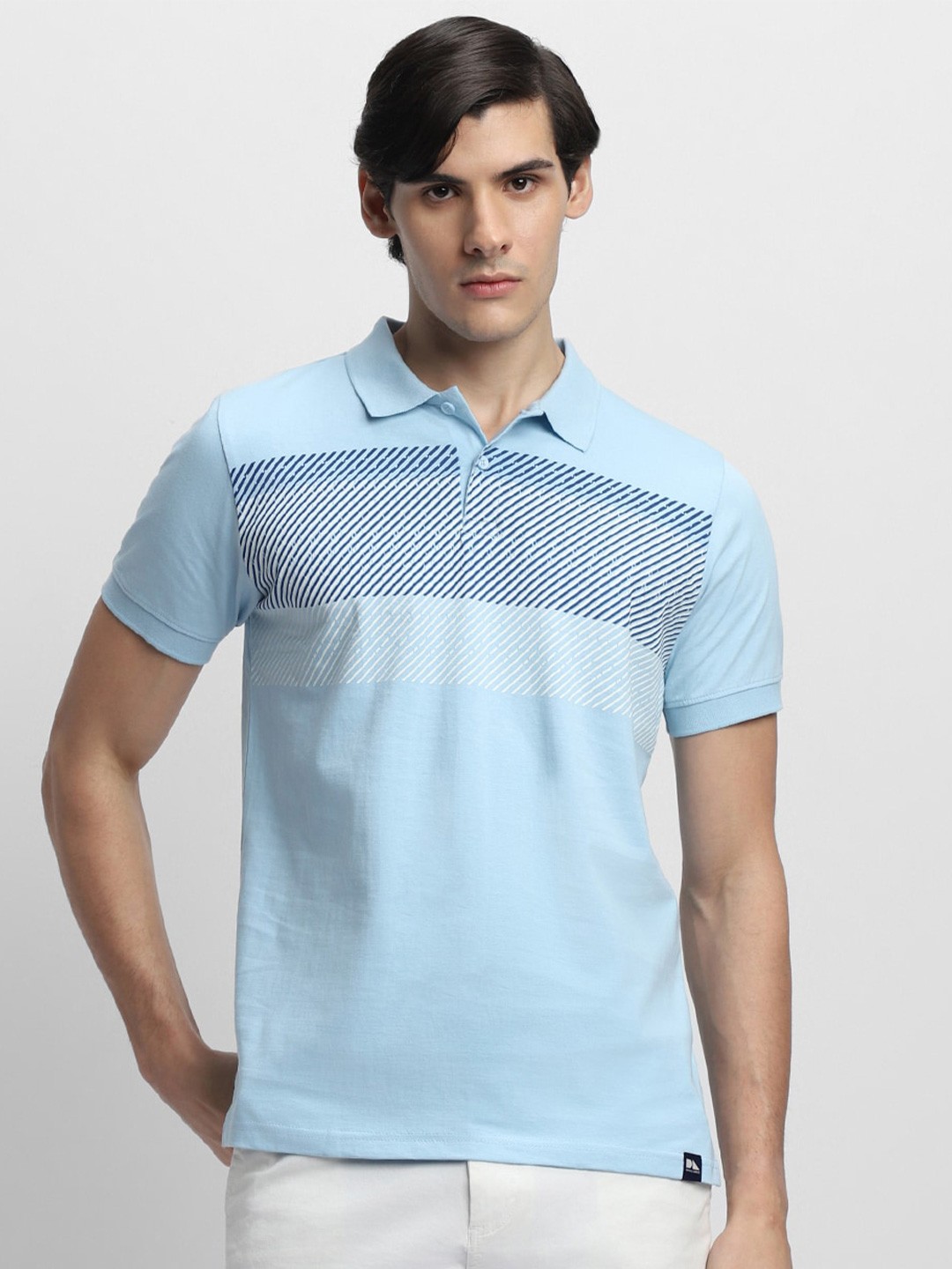 

Dennis Lingo Geometric Printed Polo Collar Pure Cotton T-shirt, Blue