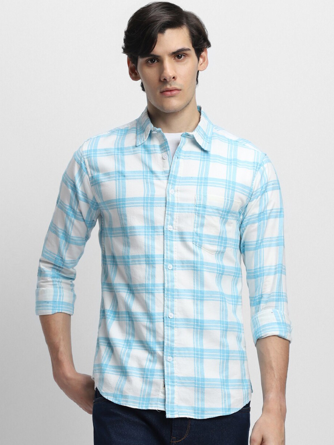 

Dennis Lingo Slim Fit Windowpane Checked Pure Cotton Casual Shirt, Blue
