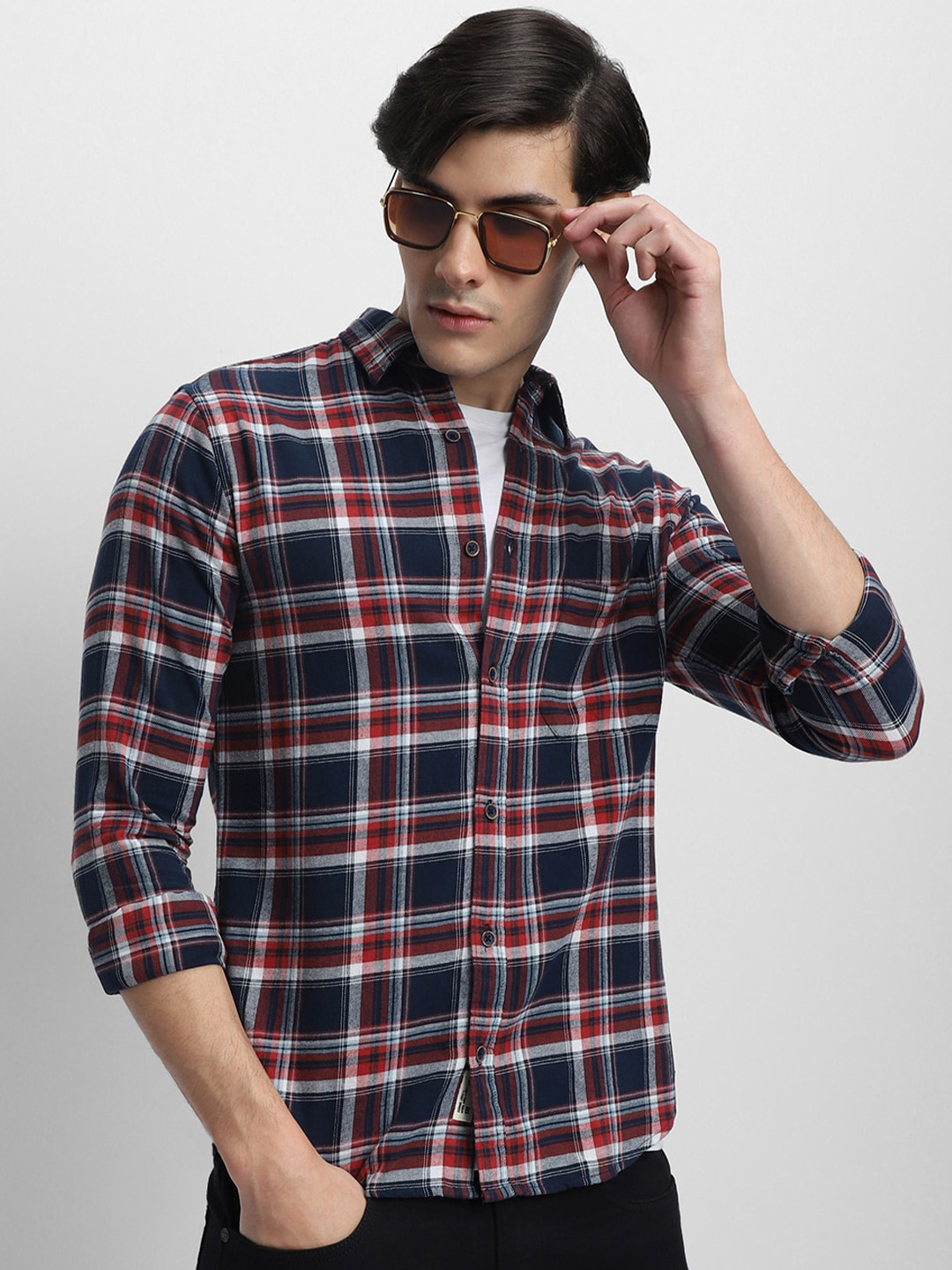 

Dennis Lingo Spread Collar Slim Fit Tartan Checks Opaque Cotton Casual Shirt, Navy blue