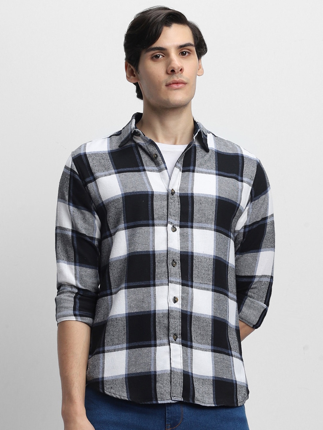 

Dennis Lingo Spread Collar Slim Fit Buffalo Checks Opaque Cotton Casual Shirt, Navy blue