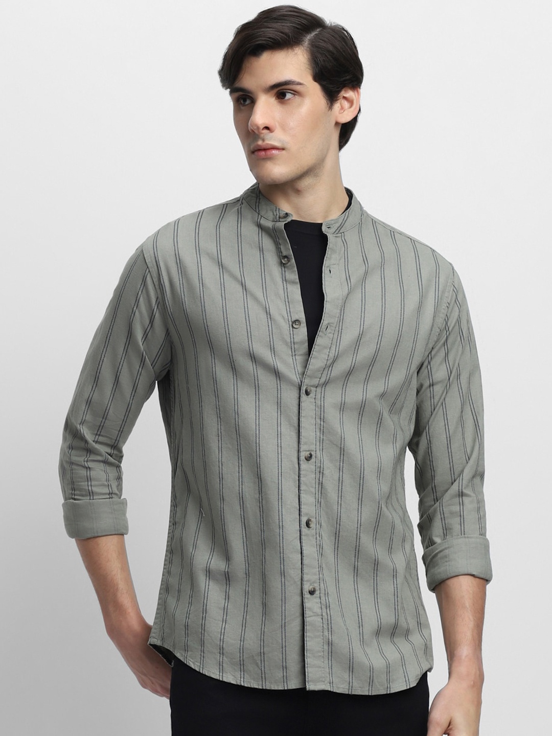 

Dennis Lingo Slim Fit Vertical Striped Pure Cotton Casual Shirt, Olive