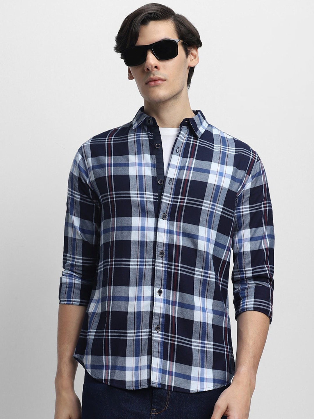 

Dennis Lingo Spread Collar Slim Fit Tartan Checks Opaque Cotton Casual Shirt, Navy blue