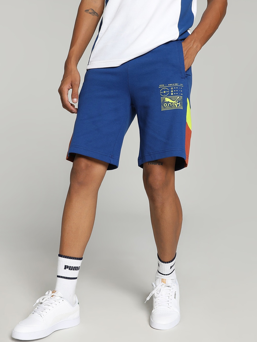 

one8 x PUMA Men Colourblocked Cotton Shorts, Blue