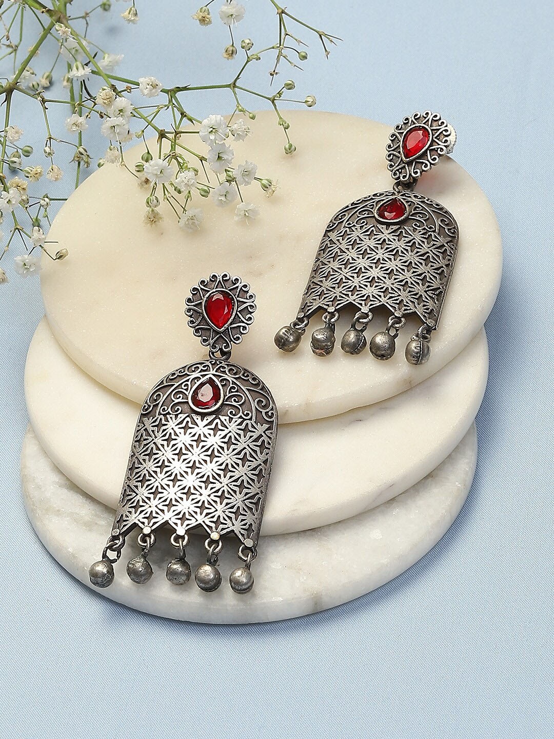 

Biba Silver Plated Stone Studded Oxidised Drop Earrings