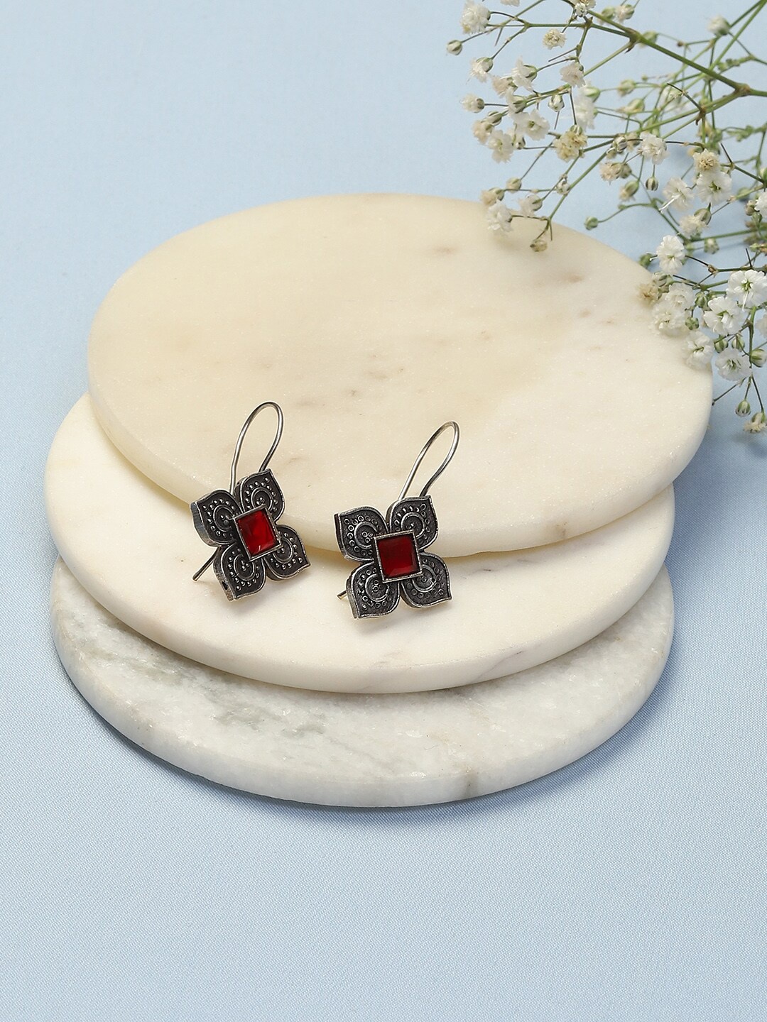

Biba Silver Plated Stone Studded Oxidised Drop Earrings