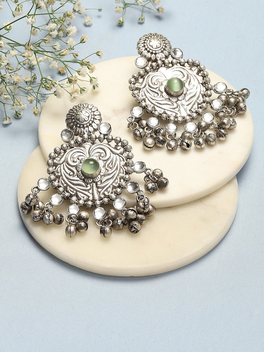 

Biba Silver Plated Stone Studded Oxidised Chandbalis