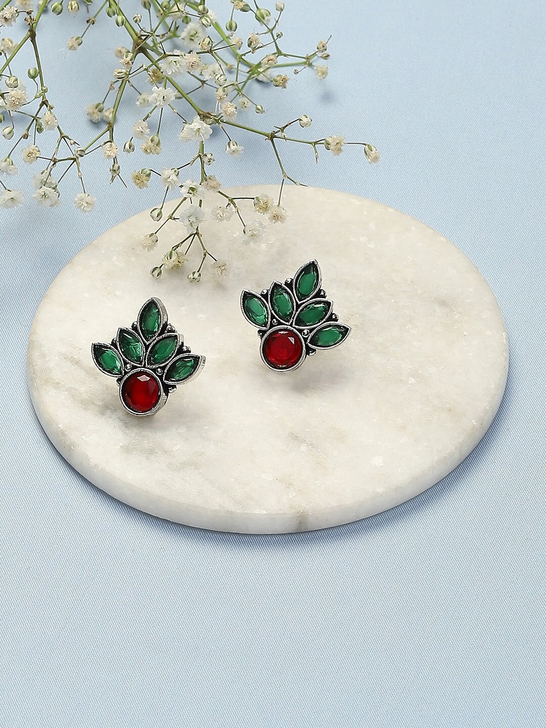 

Biba Silver Plated Stone Studded Oxidised Studs Earrings