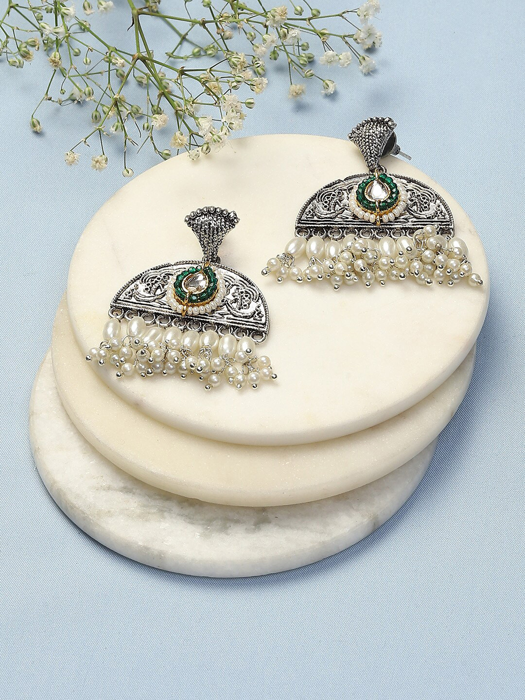 

Biba Silver Plated Stone Studded & Beaded Oxidised Drop Earrings