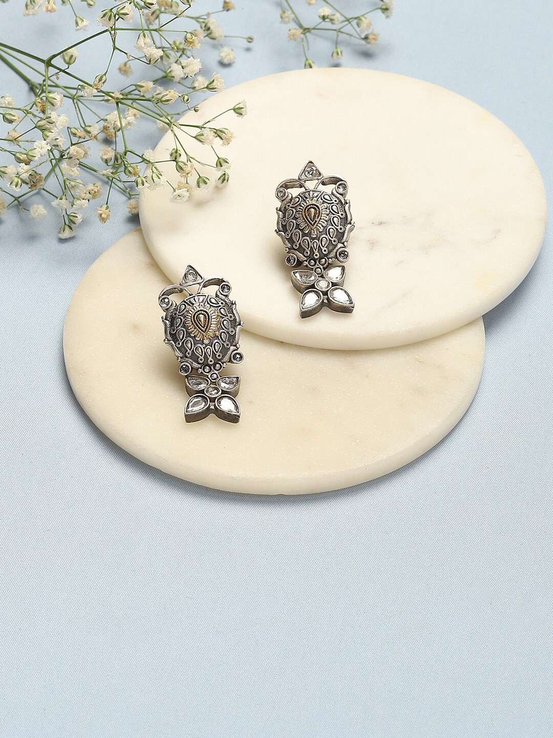 

Biba Silver Plated Stone Studded Oxidised Drop Earrings