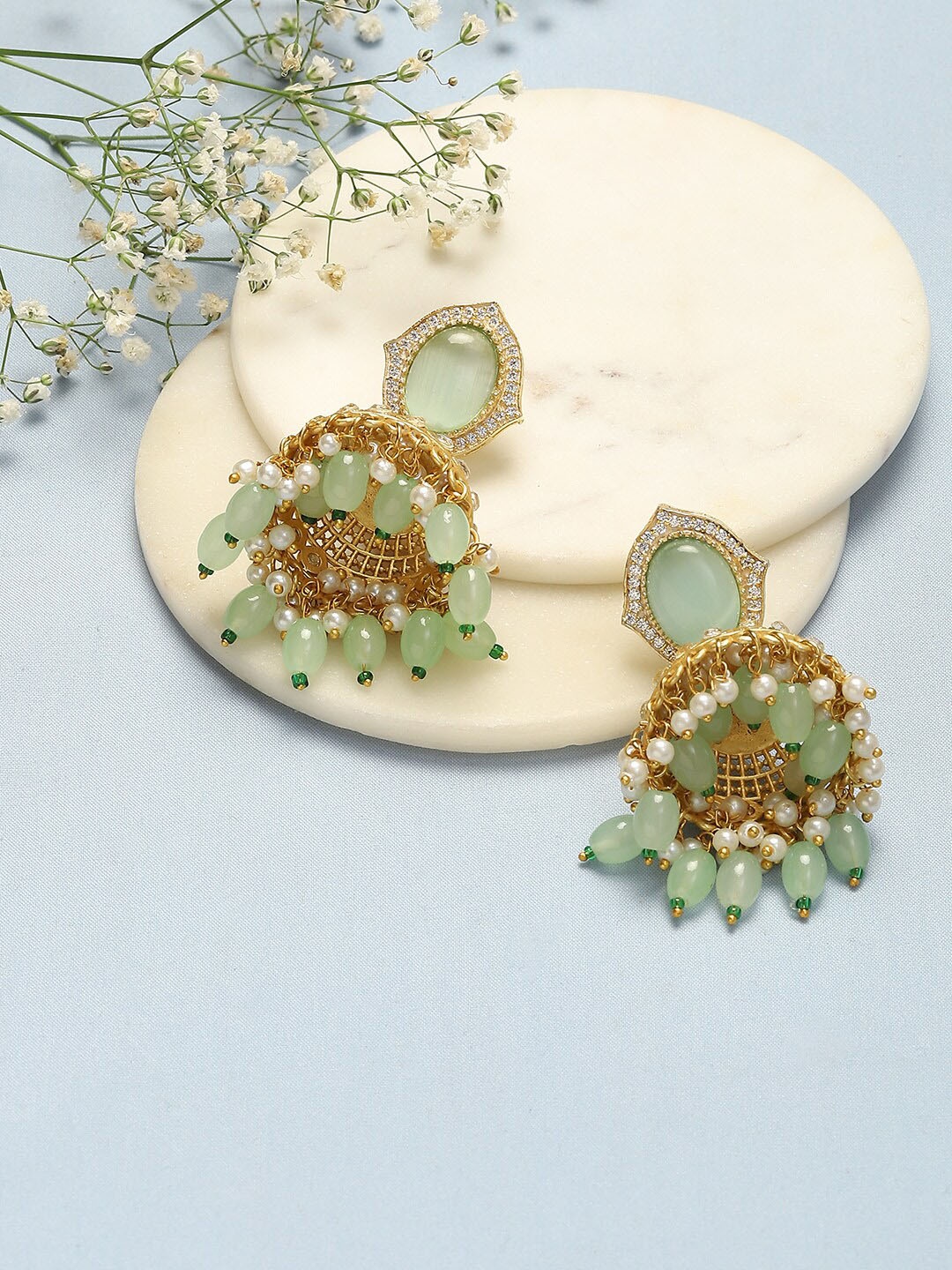 

Biba Gold-Plated Stone-Studded & Beaded Dome Shaped Jhumkas