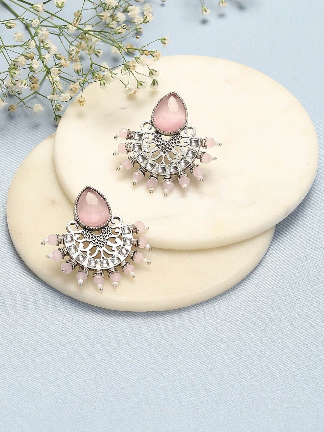 

Biba Silver-Plated Stone-Studded Contemporary Oxidised Studs Earrings